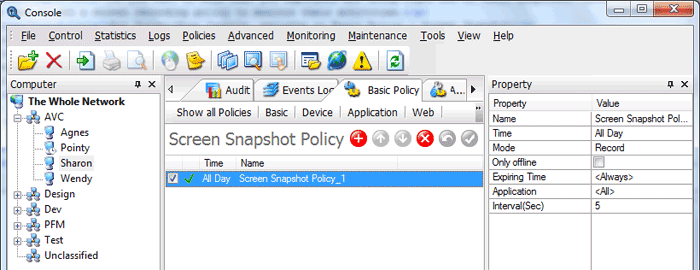 The Administrator can optionally select one user to view the screen snapshot 