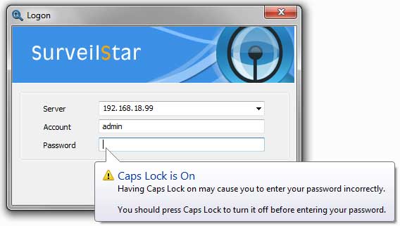 SurveilStar Console Logon Caps Lock Status